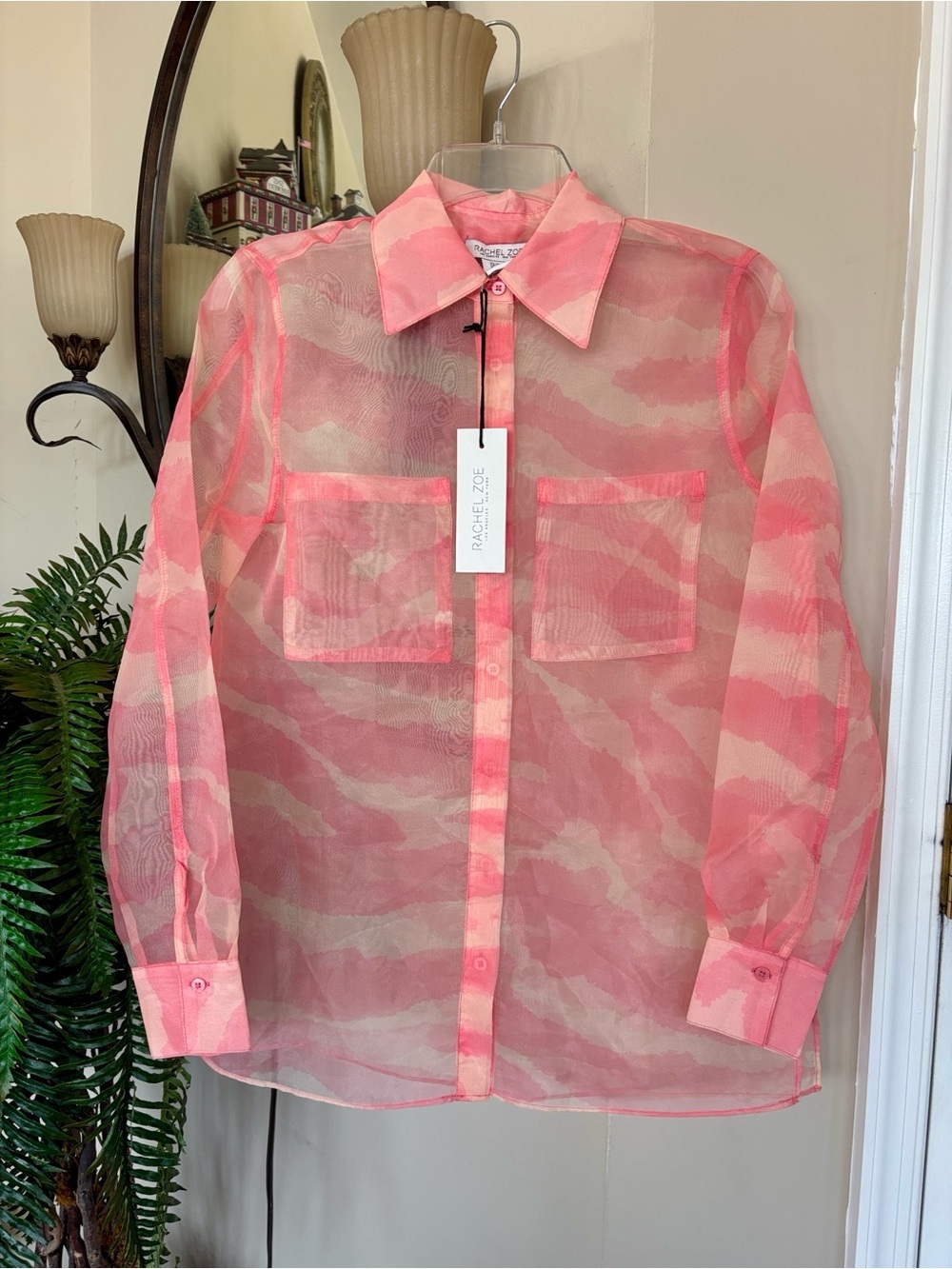 NWT Rachel Zoe Pink & Cream Sheer Camouflage Button-Up Shirt Jacket Blouse - Picture 13 of 13